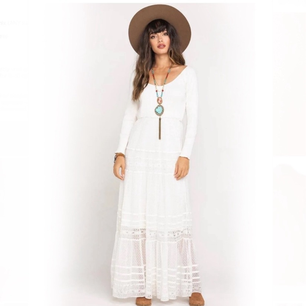 FREE PEOPLE Heaven On Earth Maxi Dress Scoop Neck Ribbed Knit Lace Size Medium